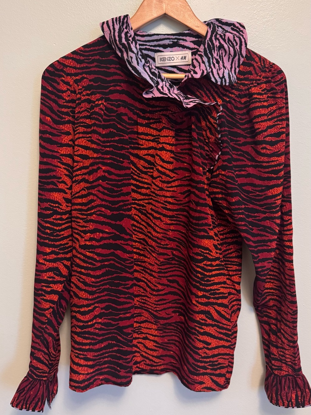Kenzo Red & Black Tiger-Print Long Sleeve Blouse with Pink Zebra Collar